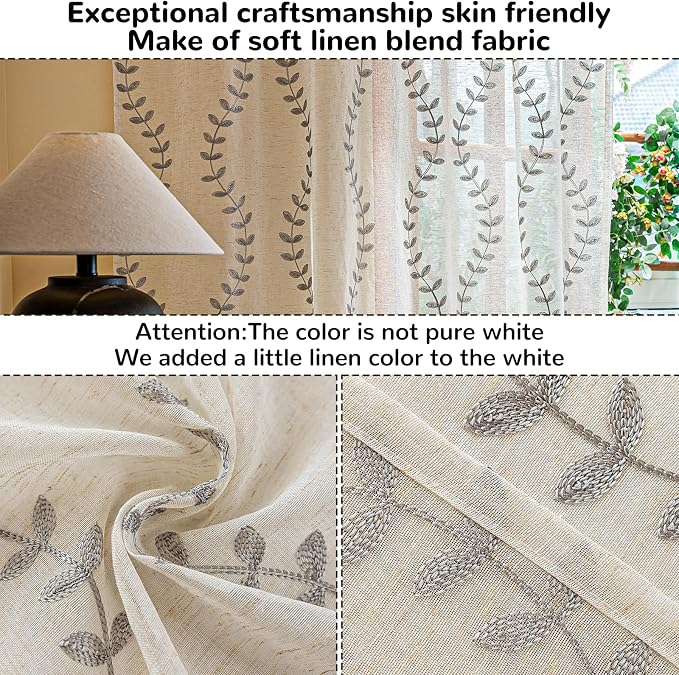 2 Panels Linen Leaf String Floral Embroidered Semi Sheer Curtain Farmhouse - Image 4