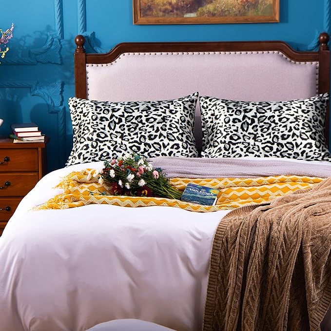 NTBAY 2 Pack Satin Queen Pillowcases for Hair and Skin, Luxurious and Silky Leopard Printed Pillow Cases with Envelope Closure, 20x30 Inches, Black and White
