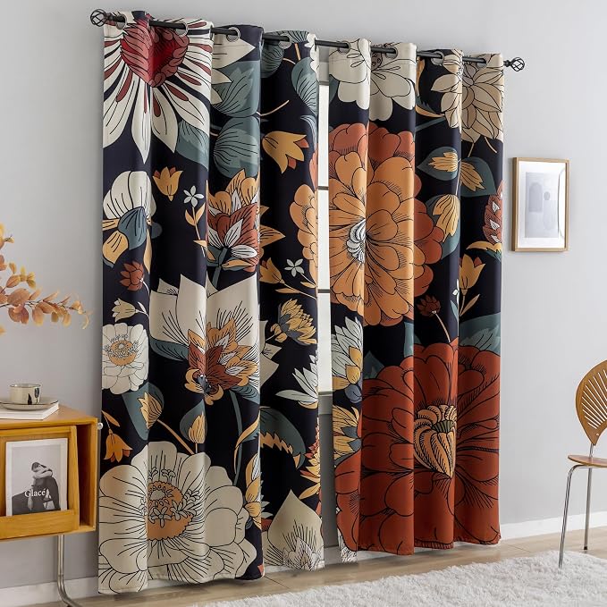 Tyrot Black Boho Floral 100% Blackout Curtains - Image 2
