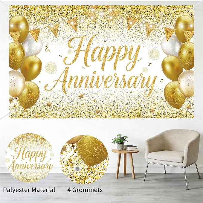 White Gold Happy Anniversary Banner Large Backdrop Decorations, Church or Work - Image 3
