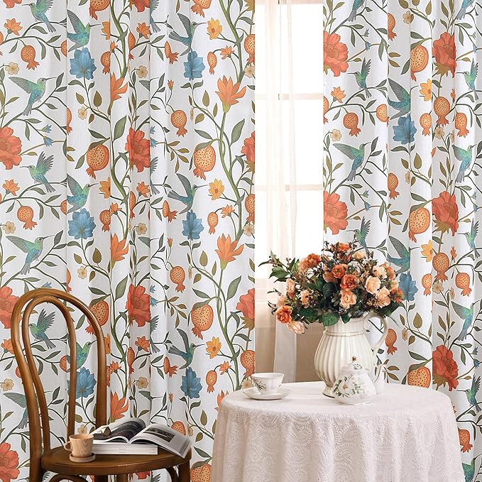 90 Inch Boho Floral Curtains Tropical Bird Print Linen Semi Sheer Window Drapes by JOOJA