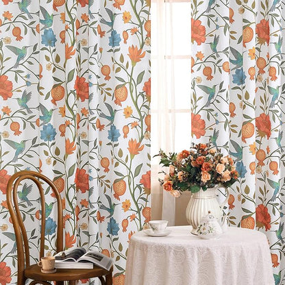 White Floral Linen Curtains, Boho Whimsical Bird Print Curtains - Image 2