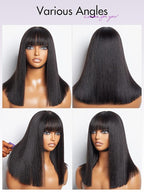 LUVME HAIR 14 Inch Light Yaki Straight Bob Wig with Bangs Human Hair Realistic HD Lace Short Black Bob Wigs, Ready to Go Blunt Cut Bob Wig Glueless 180 Density