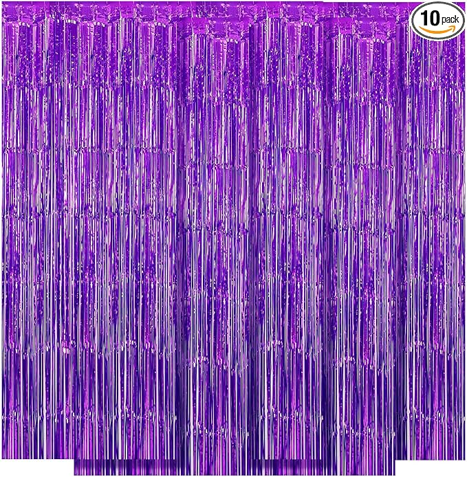 10 Pack Purple Backdrop Curtain 3.2ft x 8.2ft Metallic Tinsel Foil Fringe by Ohiyoo