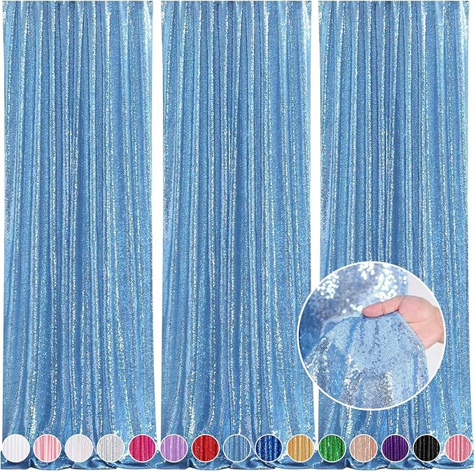 Sequin Backdrop Drapes 3 Panels Fabric Curtain 2FT x 8FT Baby Blue Wedding | by QueenDream