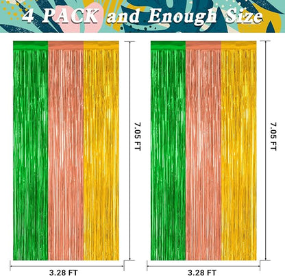 ZATAYE 4 Pack Green Brown Yellow Hawaiian Luau Foil Curtain Decorations | Green - Image 2