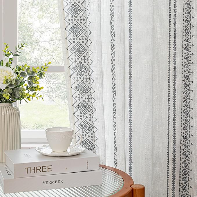 Boho Curtains 84 Inches Long for Living Room Bohemian Geometric Printed Linen - Image 3