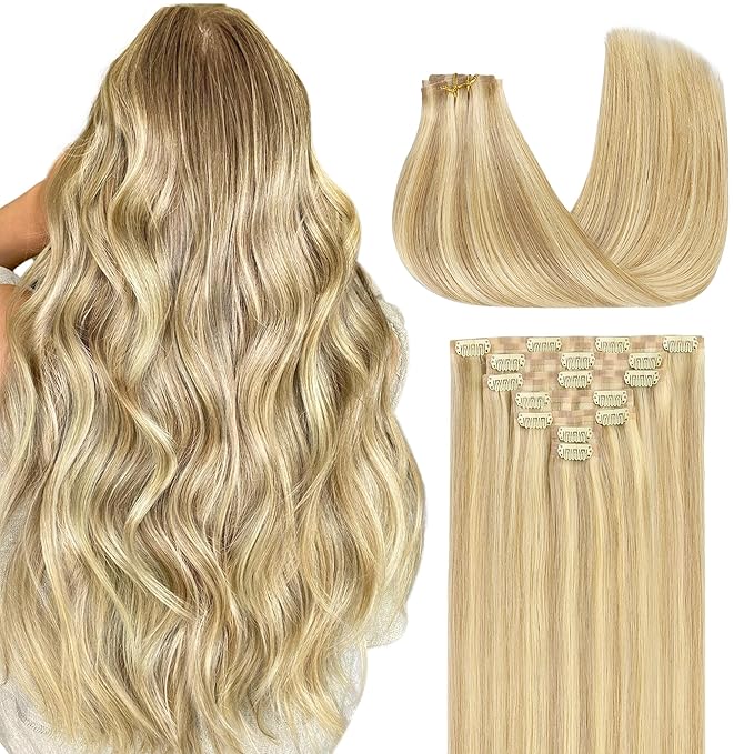 GOO GOO Clip in Hair Extensions Real Human Hair, Remy Human Hair Extensions Clip ins for Women, Natural Human Hair, 18inch 130g 7Pcs, 18D/22F Dirty Blonde Highlights