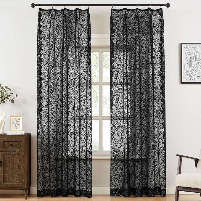 Bujasso Black Lace Pinch Pleat Curtains 108 inch, Gothic Vintage Floral Sheer by Bujasso