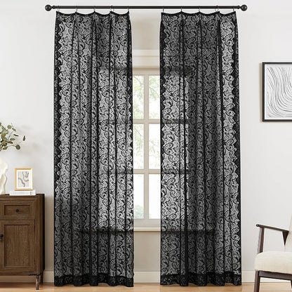 Bujasso Black Lace Pinch Pleat Curtains 90 inch, Gothic Vintage Floral Sheer by Bujasso