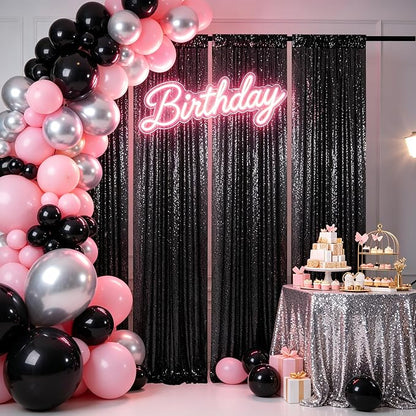 ShinyBeauty Sequin Curtains 4 Panels Black Backdrop 2x8ft Party Photo Decor | - Image 5