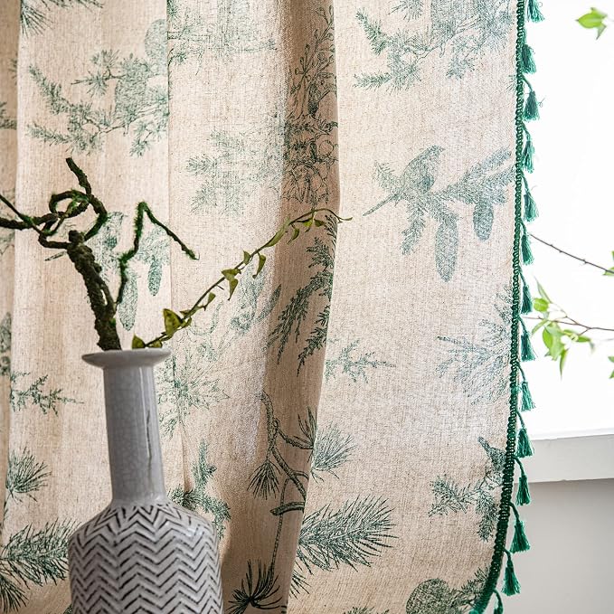 Bohemian Curtains with Tassel Green Semi-Blackout Drapes 63 Inch Length Cotton - Image 7