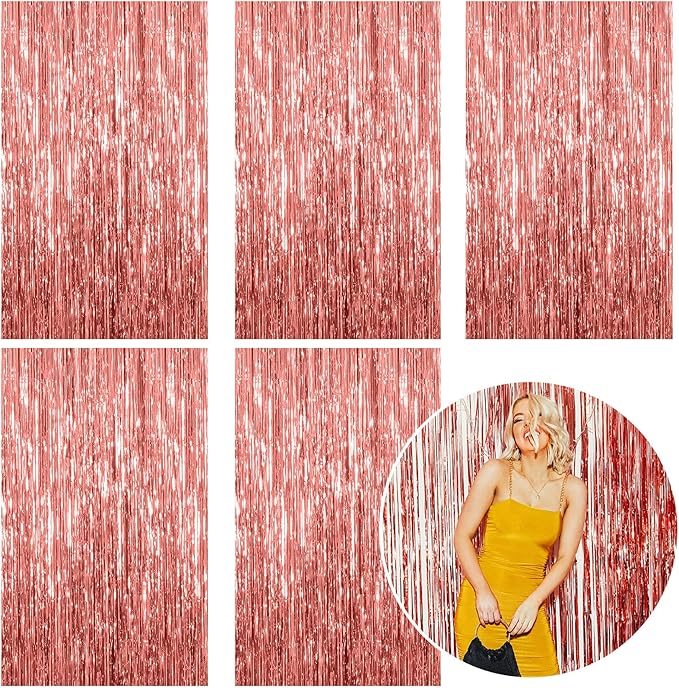 5 Pack Foil Curtain Backdrop Rose Gold Metallic Tinsel Foil Fringe Curtains by KEJ