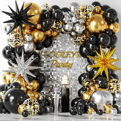 LOOLEY 137Pcs Black Gold and Silver Balloons Garland Arch Kit by LOOLEY