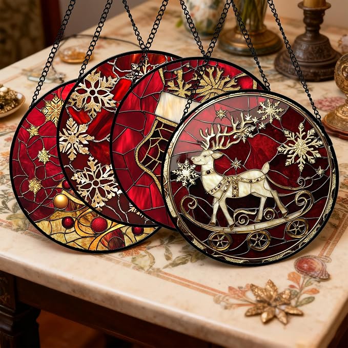 DASTOLL Stained Glass Window Hanging 4 Pcs Set Red Christmas Elk Snowflakes - Image 2