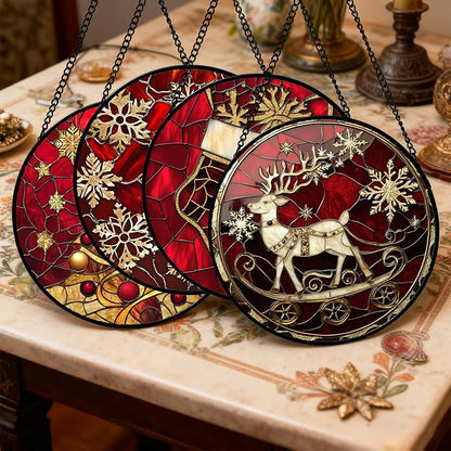 DASTOLL Stained Glass Window Hanging 4 Pcs Set Red Christmas Elk Snowflakes 9.8" - Image 2