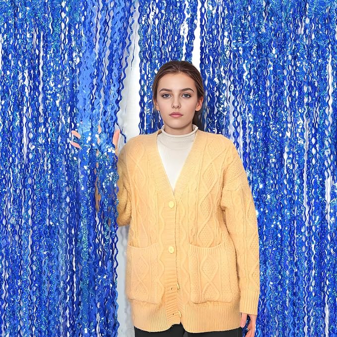 4 Pack 3.3 ft x 6.6 Wavy Sparkle Dark Blue Foil Fringe Backdrop Curtain - Image 5