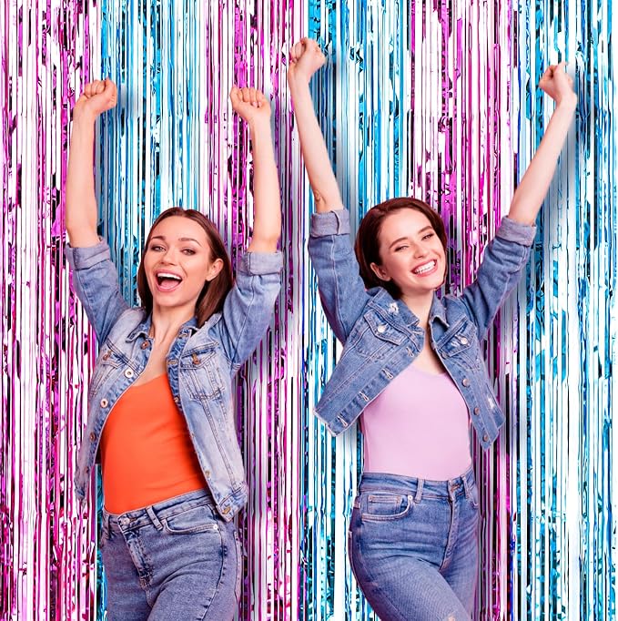 Voircoloria Blue Pink Foil Fringe Backdrop Curtains, 3 Pack | Tinsel Streamers - Image 7