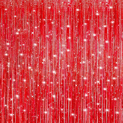 Crosize 4 Pack Laser Red Party Streamers Backdrop, 3.3 x 9.9 ft | Tinsel Foil by Crosize