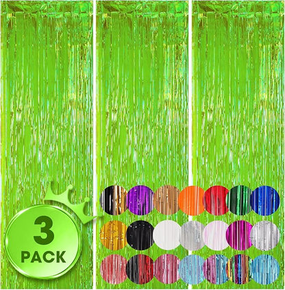 Voircoloria Iridescent Green Fringe Backdrop Curtains, 3 Pack | Tinsel Streamers by Voircoloria