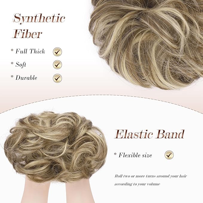FESHFEN Messy Bun Hair Piece - Large Elastic Wavy Curly Hair Bun Scrunchies Ponytail Extensions Synthetic Chignon Hairpieces for Women, Brunette & Blonde 1.94oz