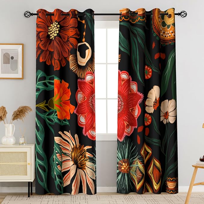 Tyrot Black Boho Floral 100% Blackout Curtains by TyrotHomeDecor