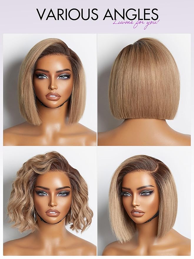 LUVME HAIR 8 Inch Ash Blonde Blunt Cut Bob Wig Human Hair Pre Cut Glueless HD Lace Closure Wig Mature Boss Side Parted Ombre Straight Short Wig