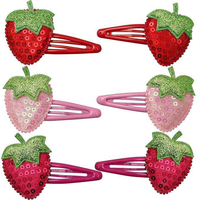 6PCS Strawberry Hair Clips, Sparkly Sequin Hair Barrettes, Snap Hairpins Hair Accessories, for Women and Girls Hair Styling Accessories(Pink, Red and Rose Colors)