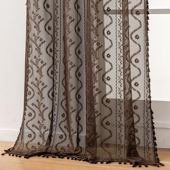 WAZZIO Boho Lace Curtains 2 Panels 84 Inch -Victorian Sheer Panel Drape French by WAZZIO