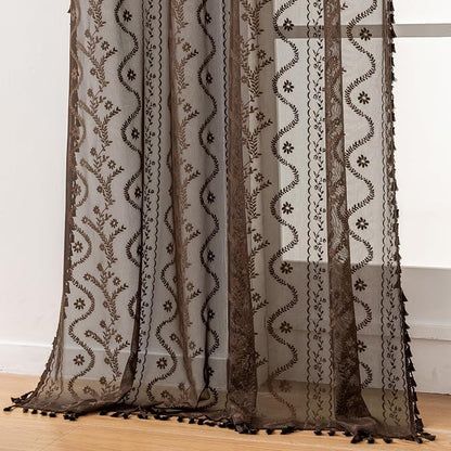 WAZZIO Boho Lace Curtains 2 Panels 84 Inch -Victorian Sheer Panel Drape French by WAZZIO