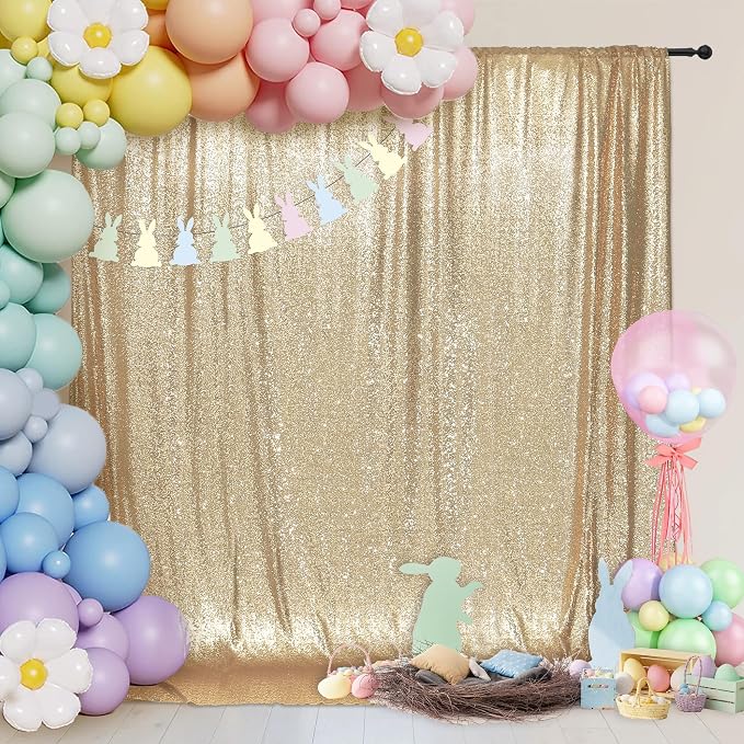PartyDelight Light Gold Sequin Backdrop 6x7ft Sparkly Photo Curtain | 4 Inch - Image 5
