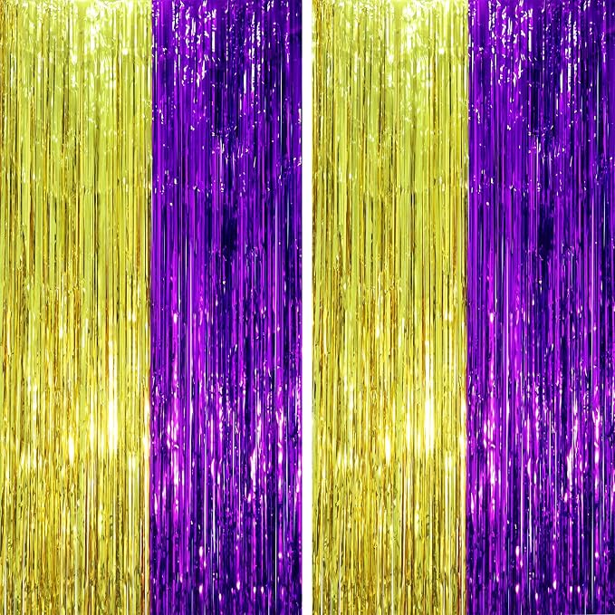 Voircoloria Purple Gold Foil Fringe Backdrop Curtains, 2 Pack | Tinsel Streamers by Voircoloria