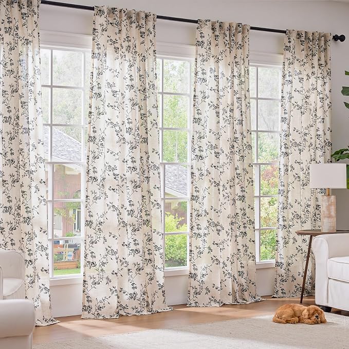 Black Vintage Floral Linen Curtains Farmhouse 50W X 90L 2 Panels | Elisa Series - Image 3