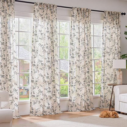 Black Vintage Floral Linen Curtains Farmhouse 50W X 96L 2 Panels | Elisa Series - Image 3