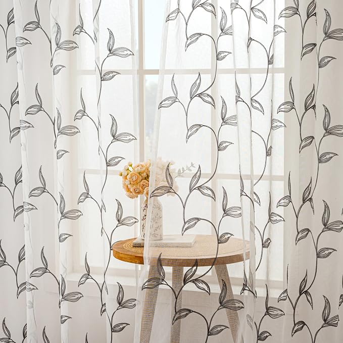 Sheer Curtains Boho Leaf Floral Embroidered Grey 54Wx102L | Light Filtering - Image 8