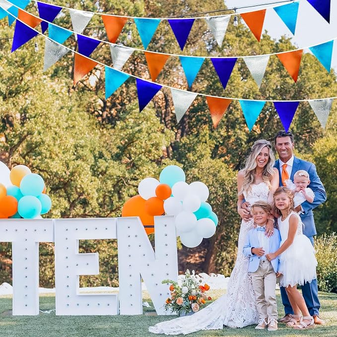 Orange Blue Silver Party Decorations Metallic Fabric Triangle Pennant Banner - Image 7