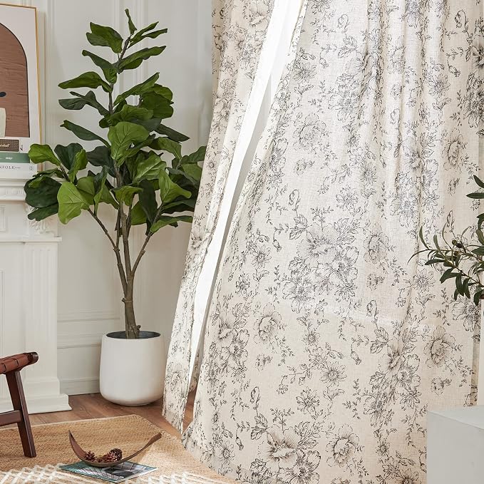 jinchan Black Floral Linen Curtains 63 Inch Farmhouse Back Tab 2 Panels | Light - Image 6