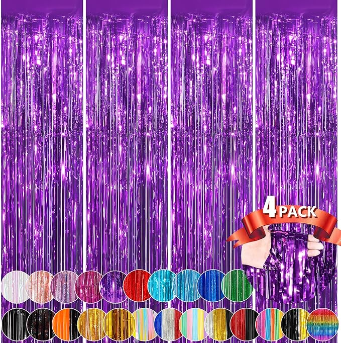 Purple Metallic Tinsel Foil Fringe Curtains, 4 Pack 3.3x8.3 Feet Party Streamer by NUWDHP