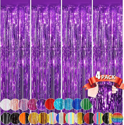 Purple Metallic Tinsel Foil Fringe Curtains, 4 Pack 3.3x8.3 Feet Party Streamer by NUWDHP