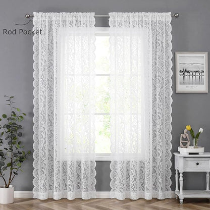 Bujasso White Sheer Lace Curtains 54 inch Vintage Floral Short Curtain Panels - Image 7