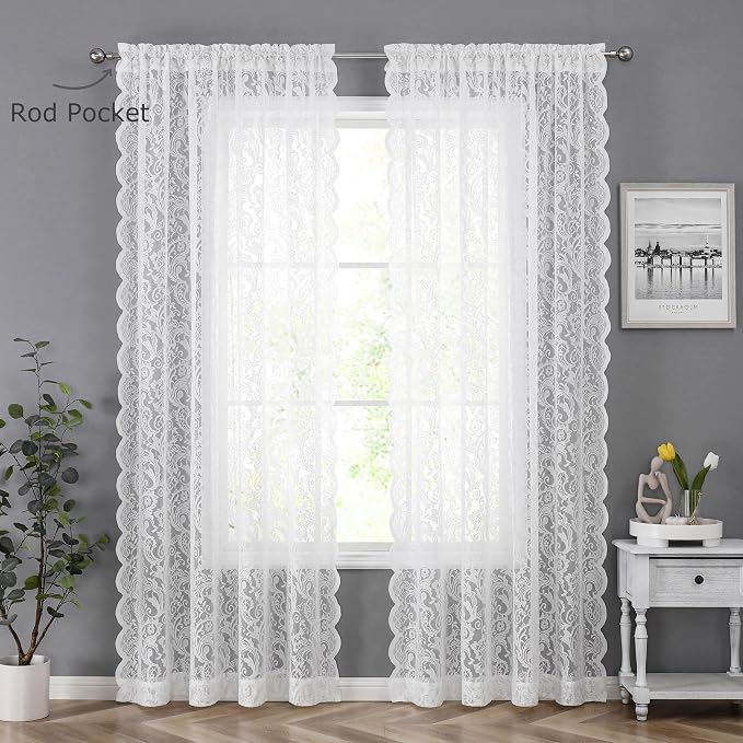 Bujasso White Lace Sheer Curtains 84 inch Vintage Floral Sheer Window Curtain - Image 8