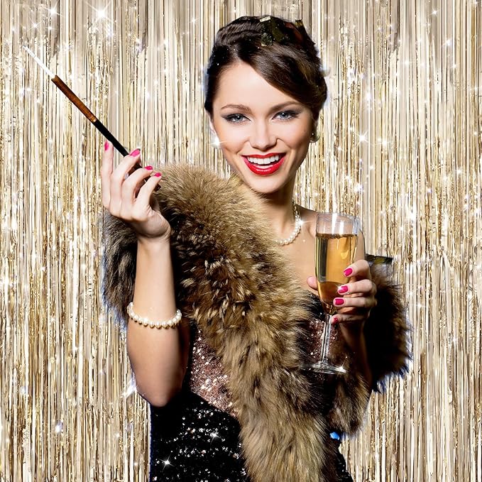 2Pack Champagne Gold Foil Fringe Backdrop Curtains, Tinsel Door Streamers - Image 3