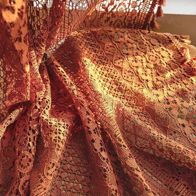 WAZZIO Boho Lace Curtains 102 Inches 2 Panel, Light Filtering Privacy Tassel & - Image 7