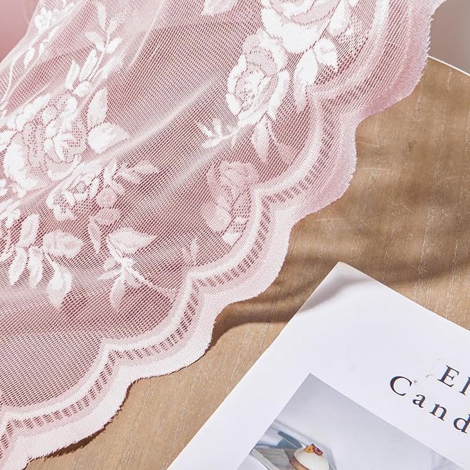 Baby Pink Lace Curtains 45 Inch Length 2 Panels set Romantic Flower Sheer - Image 6
