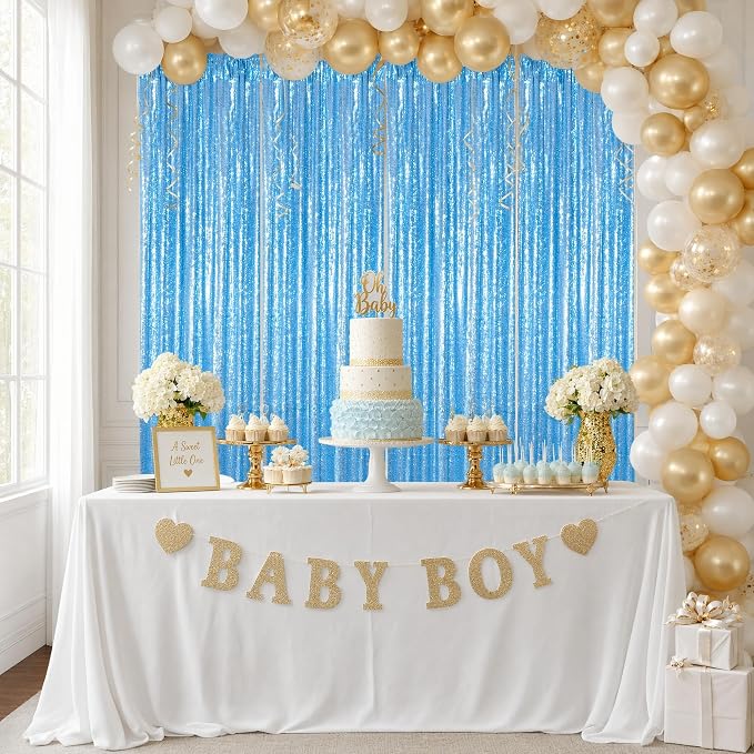 ShinyBeauty Sequin Curtains 4 Panels Baby Blue, 2x8ft Glitter Backdrop | - Image 5
