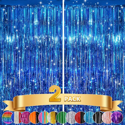 2Pack Blue Tinsel Backdrop Streamers, GCB Party Streamers Backdrop Foil Fringe by GCBPartyDecorations