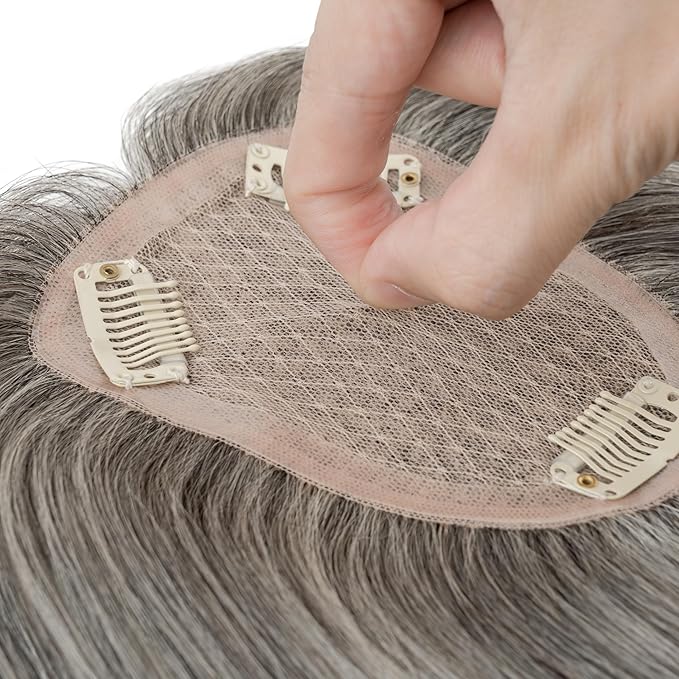 Hairro Human Hair Toppers Free Parted, 3.5x4.7" Base Hand-wovened 100% Real Hairpieces, with Invisible Clips-in for Women, for High Hairline/Adding Volume on Top, 12 Inch Dark Grey Mix Silver