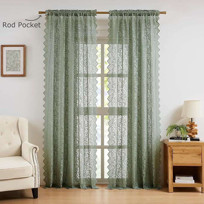 Bujasso Sage Green Lace Sheer Curtains 84 inch Length - Image 8