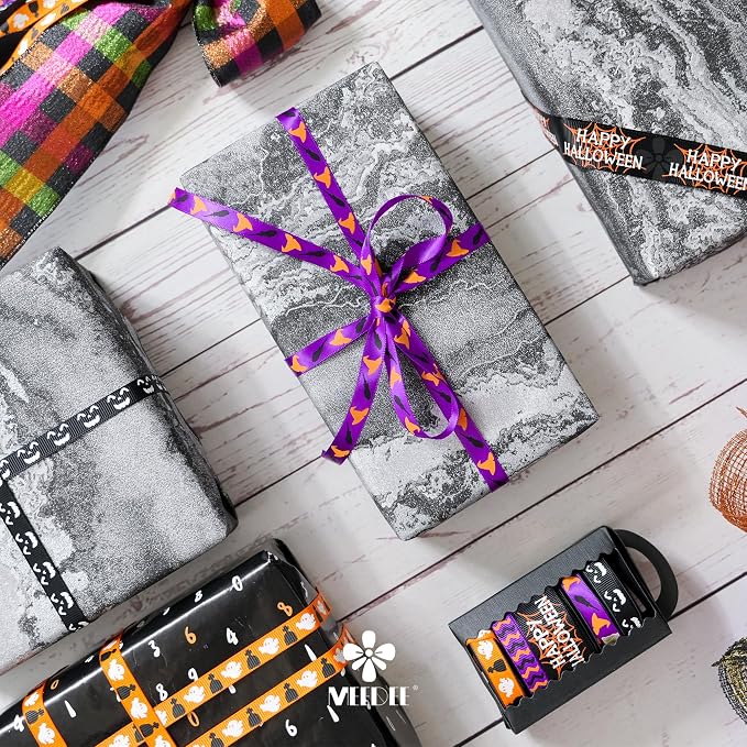 3/8 inch 1 inch Halloween Ribbon Set Spooky October Ribbon Assortment 5 Rolls - Image 6