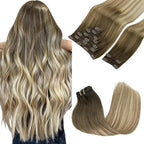 GOO GOO Clip in Hair Extensions Real Human Hair, Remy Human Hair Extensions Clip ins for Women, Natural Human Hair, 16inch 150g 9Pcs, 3/8/613 Balayage Walnut Brown to Ash Brown and Bleach Blonde